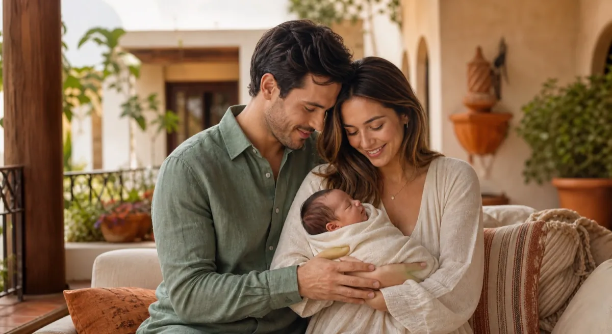 Parents holding their newborn baby at home