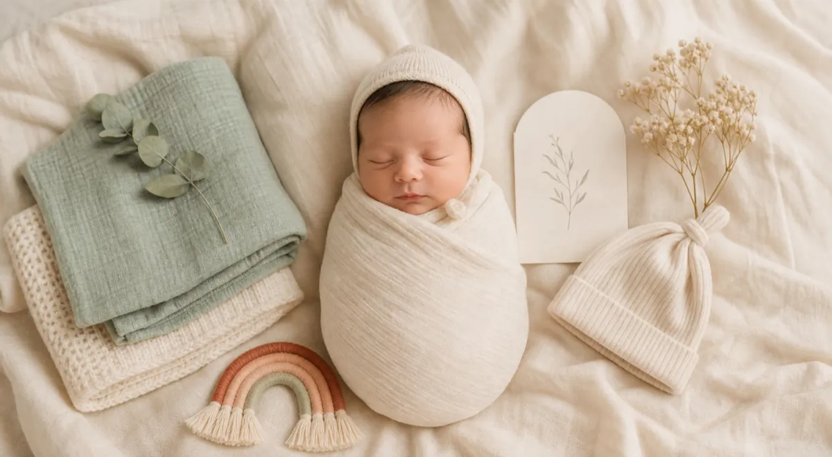 A sleeping newborn beside a coordinated care kit