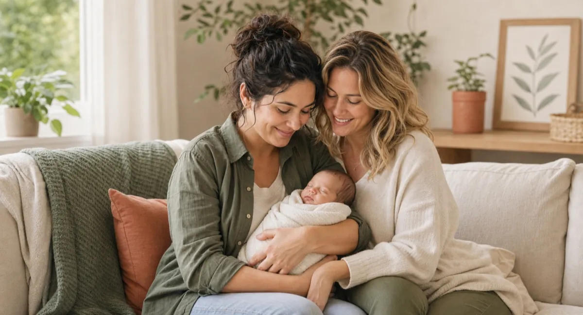 Two mothers holding their newborn baby